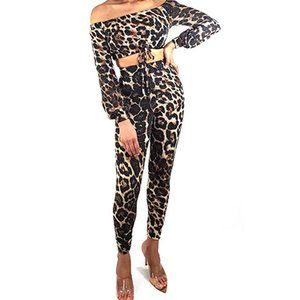 Belita Collection Dark Brown Leopard Off Shoulder Crop Top & Jogger Pants Set